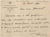 Cartão do Comandante do Comando de Defesa Marítima dos Açores, Francisco Fernando Penteado, ao Comandante Manoel Maria Sarmento Rodrigues 