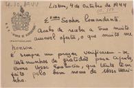 Cartão do Segundo-tenente Thomaz de Mello Breyner ao Comandante Manoel Maria Sarmento Rodrigues 